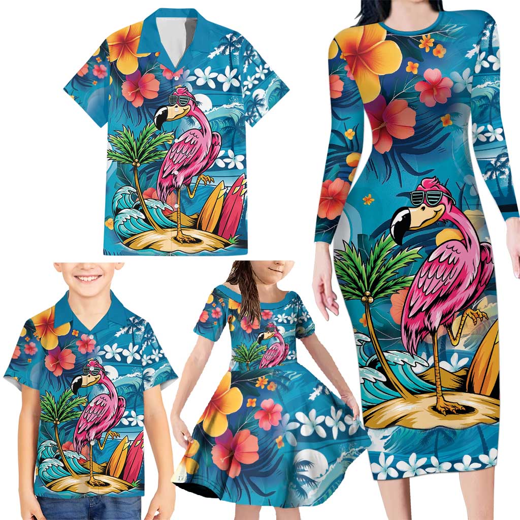 Hawaiian Flamingo Hibiscus Personalised Family Matching Long Sleeve Bodycon Dress and Hawaiian Shirt Blue Summer Tropical Flowers LT9 - Polynesian Pride