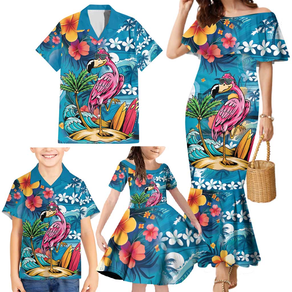 Hawaiian Flamingo Hibiscus Personalised Family Matching Mermaid Dress and Hawaiian Shirt Blue Summer Tropical Flowers LT9 - Polynesian Pride