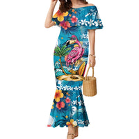Hawaiian Flamingo Hibiscus Personalised Family Matching Mermaid Dress and Hawaiian Shirt Blue Summer Tropical Flowers LT9 Mom's Dress Blue - Polynesian Pride