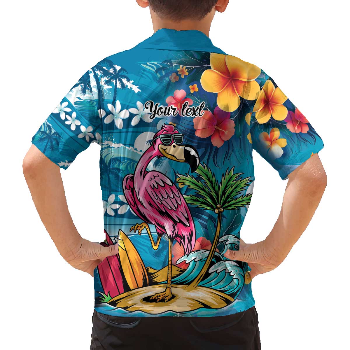 Hawaiian Flamingo Hibiscus Personalised Family Matching Off The Shoulder Long Sleeve Dress and Hawaiian Shirt Blue Summer Tropical Flowers LT9 - Polynesian Pride
