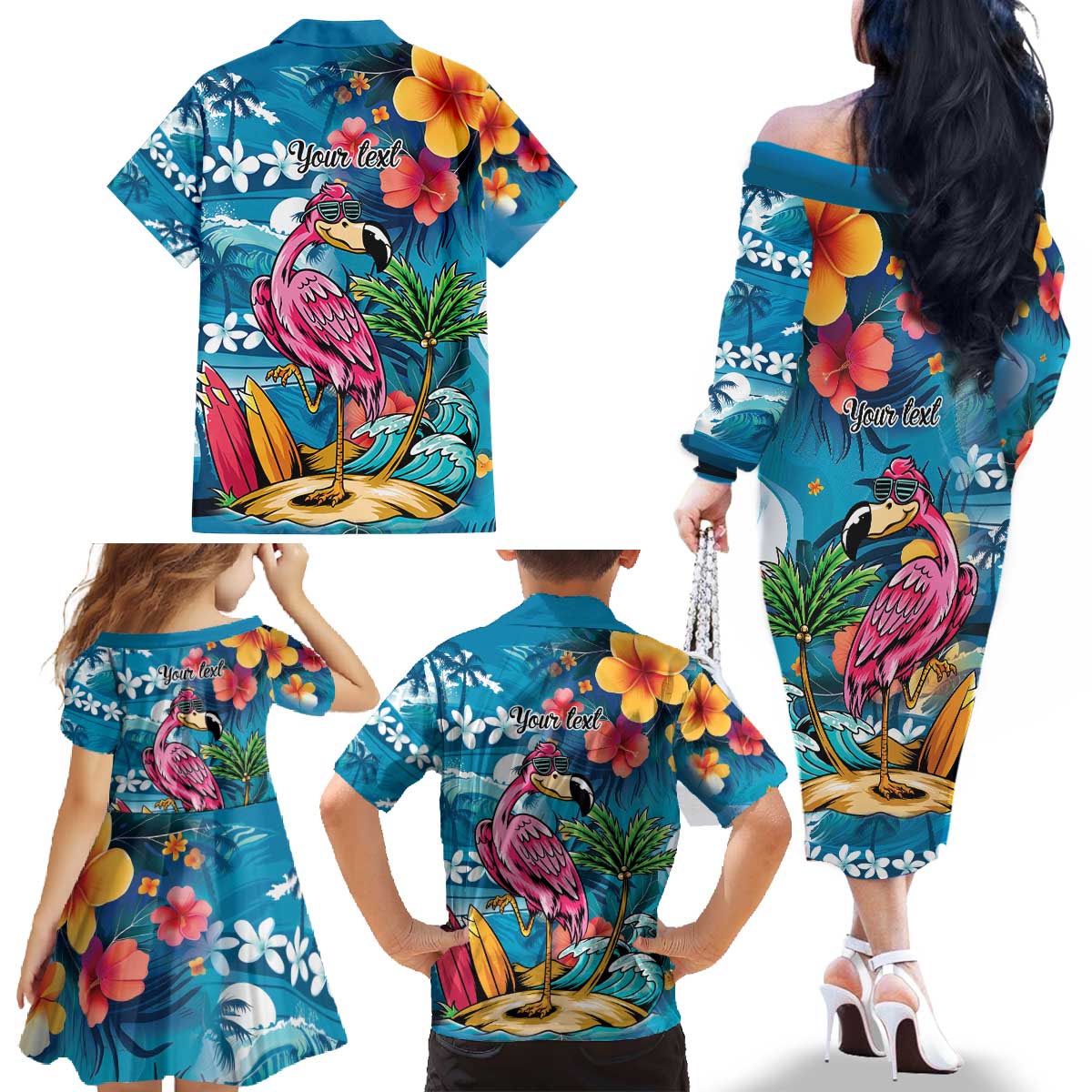Hawaiian Flamingo Hibiscus Personalised Family Matching Off The Shoulder Long Sleeve Dress and Hawaiian Shirt Blue Summer Tropical Flowers LT9 - Polynesian Pride