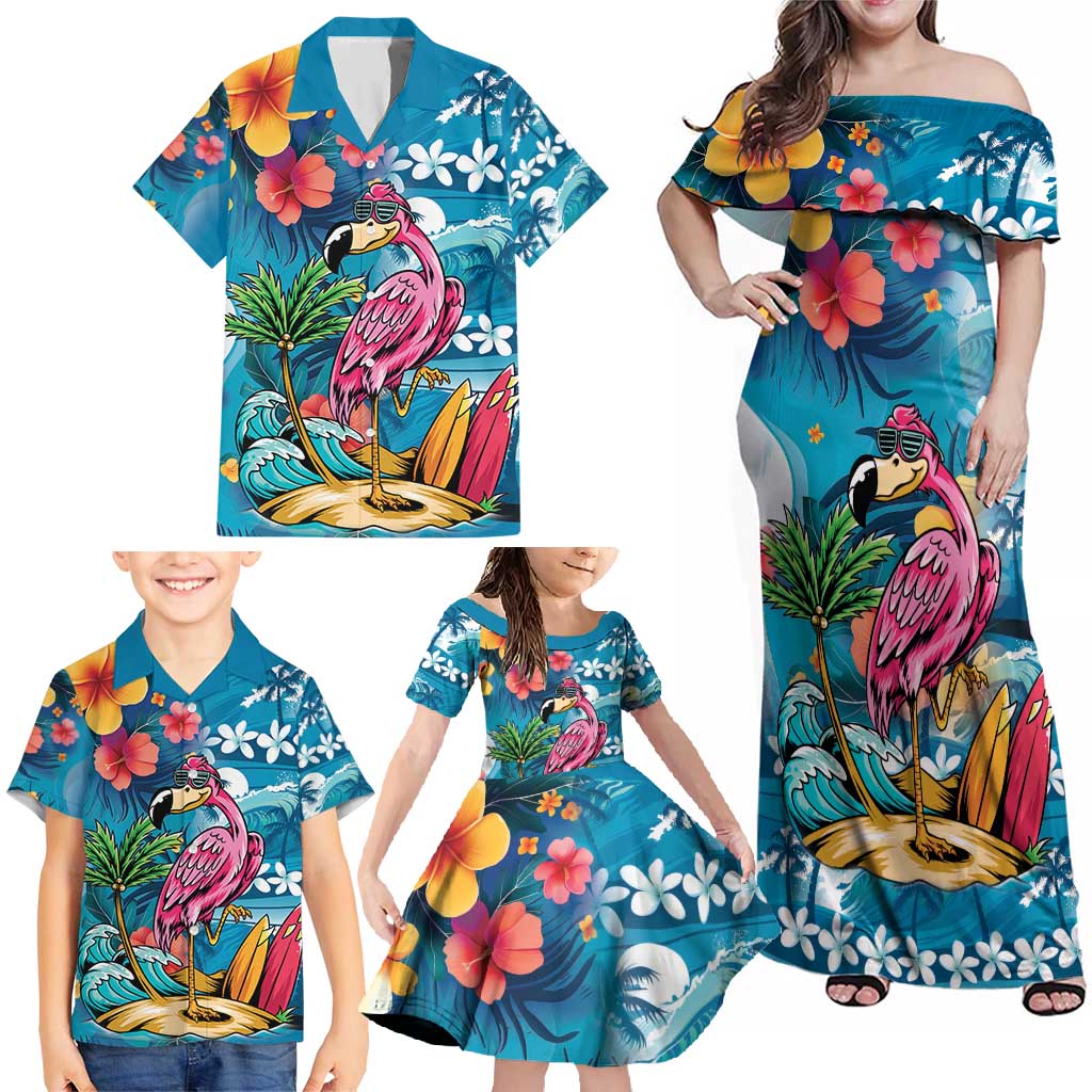Hawaiian Flamingo Hibiscus Personalised Family Matching Off Shoulder Maxi Dress and Hawaiian Shirt Blue Summer Tropical Flowers LT9 - Polynesian Pride