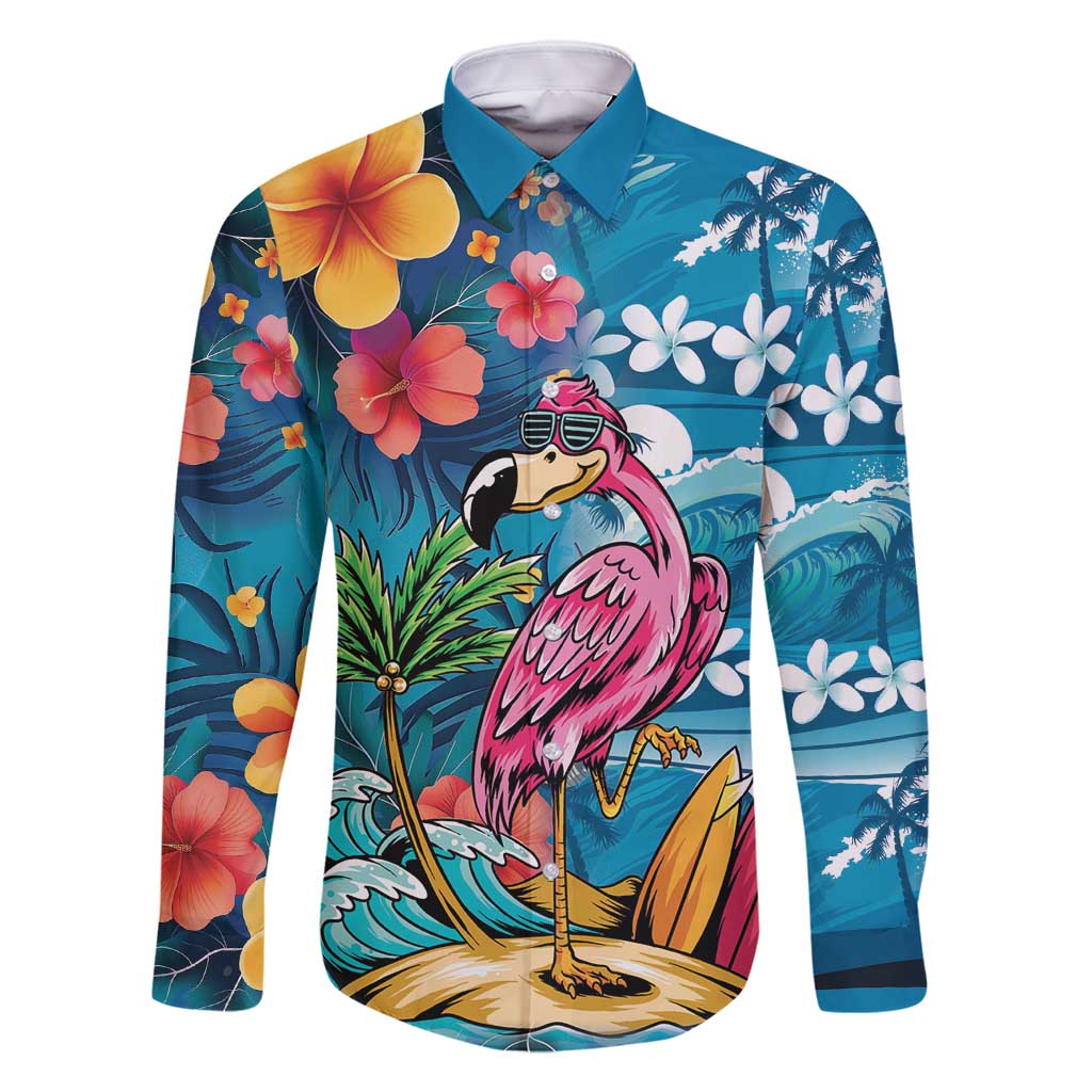 Hawaiian Flamingo Hibiscus Personalised Family Matching Off Shoulder Maxi Dress and Hawaiian Shirt Blue Summer Tropical Flowers LT9 Dad's Shirt - Long Sleeve Blue - Polynesian Pride