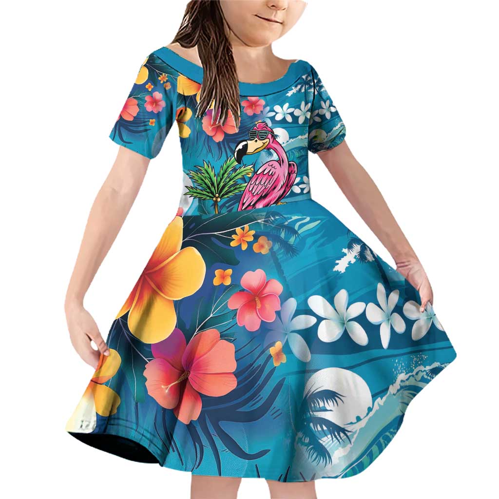 Hawaiian Flamingo Hibiscus Personalised Family Matching Off Shoulder Short Dress and Hawaiian Shirt Blue Summer Tropical Flowers LT9 Daughter's Dress Blue - Polynesian Pride