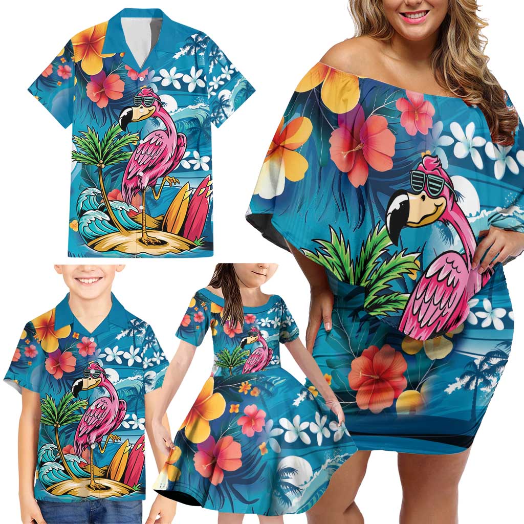 Hawaiian Flamingo Hibiscus Personalised Family Matching Off Shoulder Short Dress and Hawaiian Shirt Blue Summer Tropical Flowers LT9 - Polynesian Pride