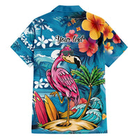 Hawaiian Flamingo Hibiscus Personalised Family Matching Off Shoulder Short Dress and Hawaiian Shirt Blue Summer Tropical Flowers LT9 - Polynesian Pride