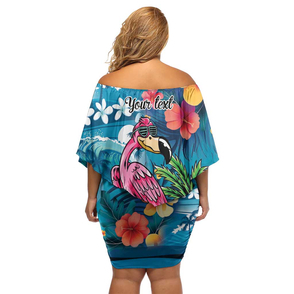 Hawaiian Flamingo Hibiscus Personalised Family Matching Off Shoulder Short Dress and Hawaiian Shirt Blue Summer Tropical Flowers LT9 - Polynesian Pride