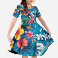 Hawaiian Flamingo Hibiscus Personalised Family Matching Puletasi and Hawaiian Shirt Blue Summer Tropical Flowers LT9 Daughter's Dress Blue - Polynesian Pride