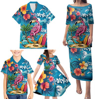 Hawaiian Flamingo Hibiscus Personalised Family Matching Puletasi and Hawaiian Shirt Blue Summer Tropical Flowers LT9 - Polynesian Pride