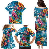 Hawaiian Flamingo Hibiscus Personalised Family Matching Puletasi and Hawaiian Shirt Blue Summer Tropical Flowers LT9 - Polynesian Pride