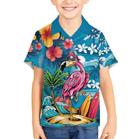 Hawaiian Flamingo Hibiscus Personalised Family Matching Puletasi and Hawaiian Shirt Blue Summer Tropical Flowers LT9 Son's Shirt Blue - Polynesian Pride
