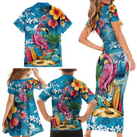 Hawaiian Flamingo Hibiscus Personalised Family Matching Short Sleeve Bodycon Dress and Hawaiian Shirt Blue Summer Tropical Flowers LT9 - Polynesian Pride