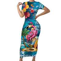 Hawaiian Flamingo Hibiscus Personalised Family Matching Short Sleeve Bodycon Dress and Hawaiian Shirt Blue Summer Tropical Flowers LT9 Mom's Dress Blue - Polynesian Pride