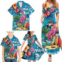 Hawaiian Flamingo Hibiscus Personalised Family Matching Summer Maxi Dress and Hawaiian Shirt Blue Summer Tropical Flowers LT9 - Polynesian Pride