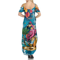 Hawaiian Flamingo Hibiscus Personalised Family Matching Summer Maxi Dress and Hawaiian Shirt Blue Summer Tropical Flowers LT9 - Polynesian Pride