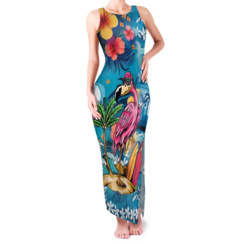 Hawaiian Flamingo Hibiscus Personalised Family Matching Tank Maxi Dress and Hawaiian Shirt Blue Summer Tropical Flowers LT9 Mom's Dress Blue - Polynesian Pride