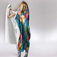 Hawaiian Flamingo Hibiscus Personalised Hooded Blanket Blue Summer Tropical Flowers - Polynesian Pride