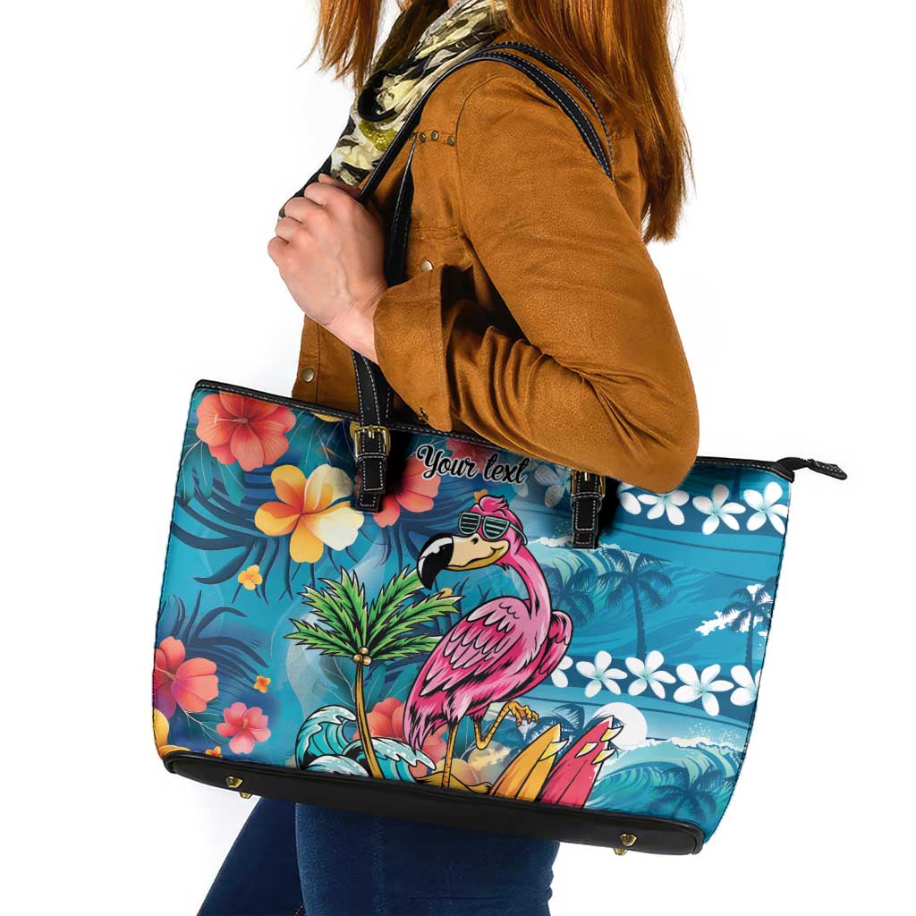 Hawaiian Flamingo Hibiscus Personalised Leather Tote Bag Blue Summer Tropical Flowers - Polynesian Pride
