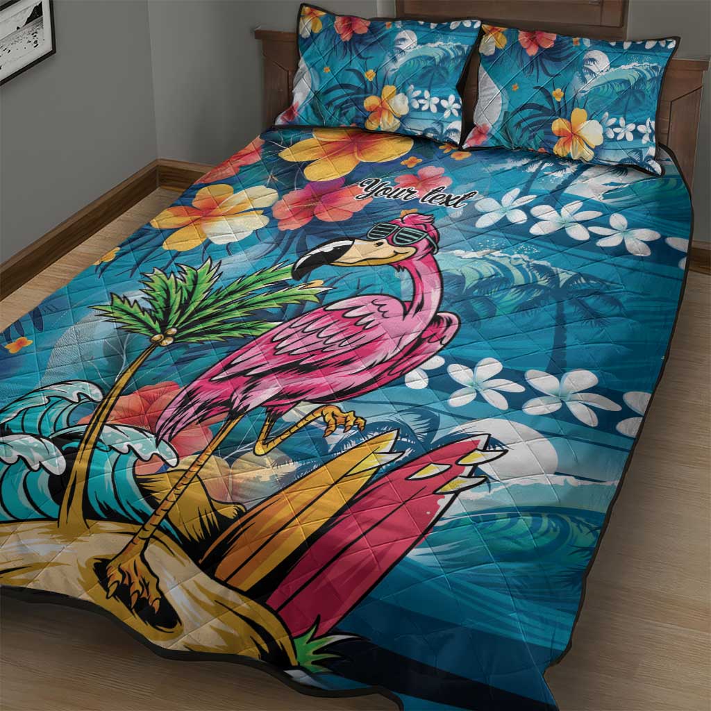 Hawaiian Flamingo Hibiscus Personalised Quilt Bed Set Blue Summer Tropical Flowers - Polynesian Pride