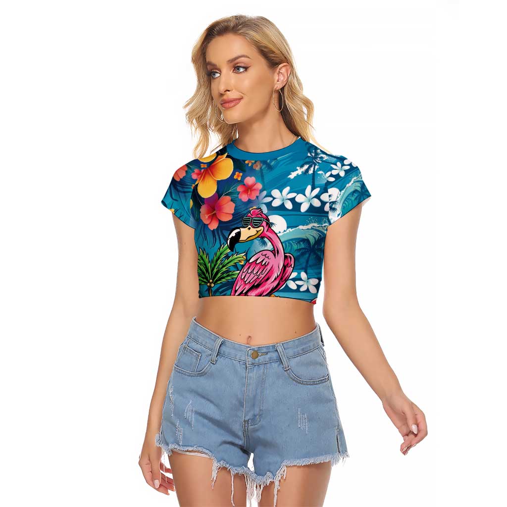 Hawaiian Flamingo Hibiscus Personalised Raglan Cropped T Shirt Blue Summer Tropical Flowers - Polynesian Pride