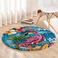 Hawaiian Flamingo Hibiscus Personalised Round Carpet Blue Summer Tropical Flowers LT9 - Polynesian Pride