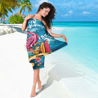Hawaiian Flamingo Hibiscus Personalised Sarong Blue Summer Tropical Flowers - Polynesian Pride