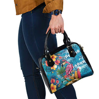 Hawaiian Flamingo Hibiscus Personalised Shoulder Handbag Blue Summer Tropical Flowers - Polynesian Pride