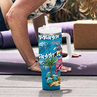 Hawaiian Flamingo Hibiscus Personalised Tumbler With Handle Blue Summer Tropical Flowers - Polynesian Pride