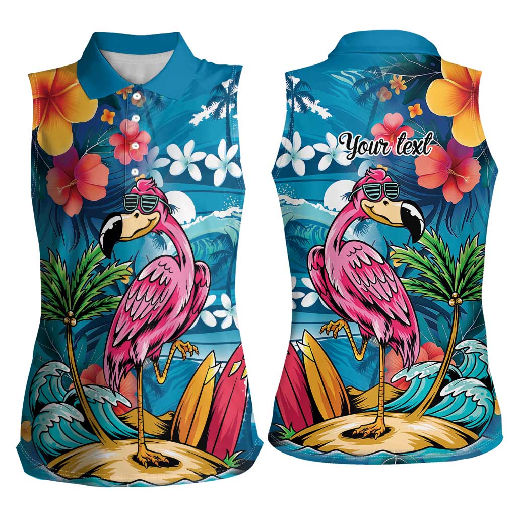 Hawaiian Flamingo Hibiscus Personalised Women Sleeveless Polo Shirt Blue Summer Tropical Flowers LT9 - Polynesian Pride