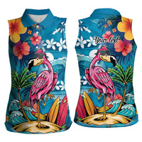 Hawaiian Flamingo Hibiscus Personalised Women Sleeveless Polo Shirt Blue Summer Tropical Flowers LT9 - Polynesian Pride