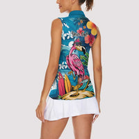 Hawaiian Flamingo Hibiscus Personalised Women Sleeveless Polo Shirt Blue Summer Tropical Flowers LT9 - Polynesian Pride