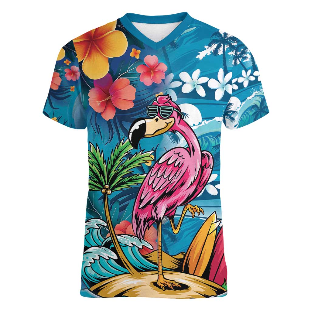 Hawaiian Flamingo Hibiscus Personalised Women V-Neck T-Shirt Blue Summer Tropical Flowers - Polynesian Pride
