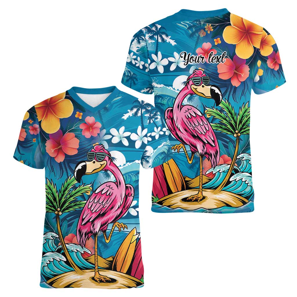 Hawaiian Flamingo Hibiscus Personalised Women V-Neck T-Shirt Blue Summer Tropical Flowers - Polynesian Pride