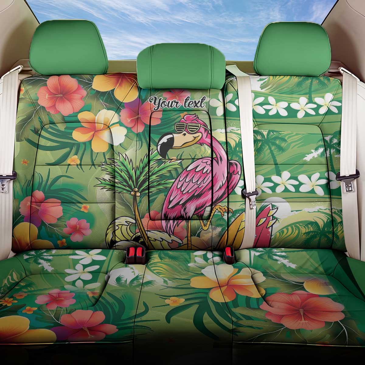 Hawaiian Flamingo Hibiscus Personalised Back Car Seat Cover Green Summer Tropical Flowers - Polynesian Pride