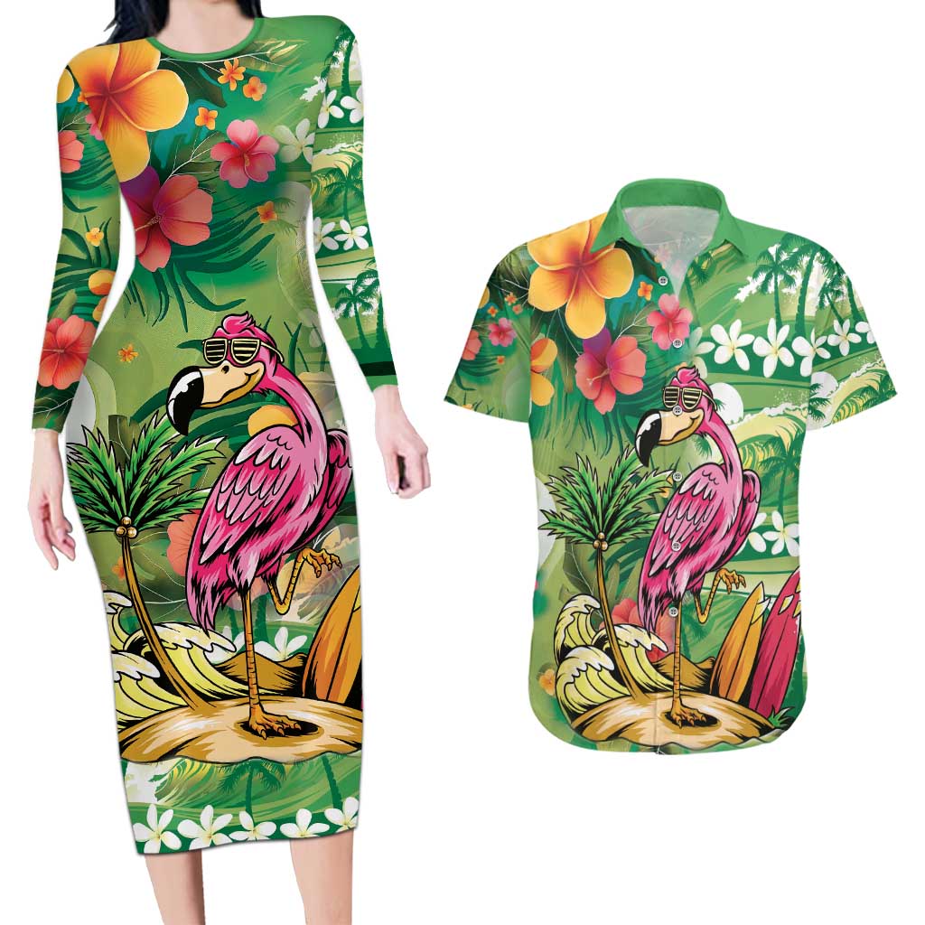 Hawaiian Flamingo Hibiscus Personalised Couples Matching Long Sleeve Bodycon Dress and Hawaiian Shirt Green Summer Tropical Flowers LT9 Green - Polynesian Pride
