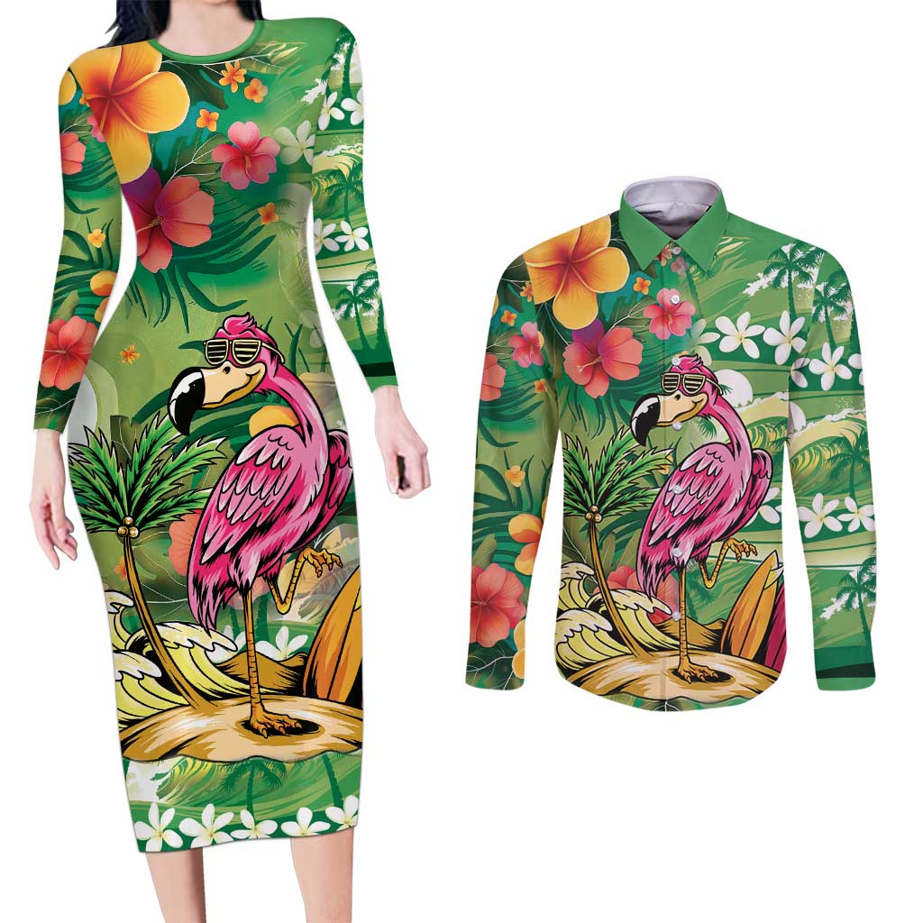 Hawaiian Flamingo Hibiscus Personalised Couples Matching Long Sleeve Bodycon Dress and Long Sleeve Button Shirt Green Summer Tropical Flowers LT9 Green - Polynesian Pride