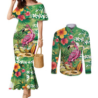 Hawaiian Flamingo Hibiscus Personalised Couples Matching Mermaid Dress and Long Sleeve Button Shirt Green Summer Tropical Flowers LT9 Green - Polynesian Pride