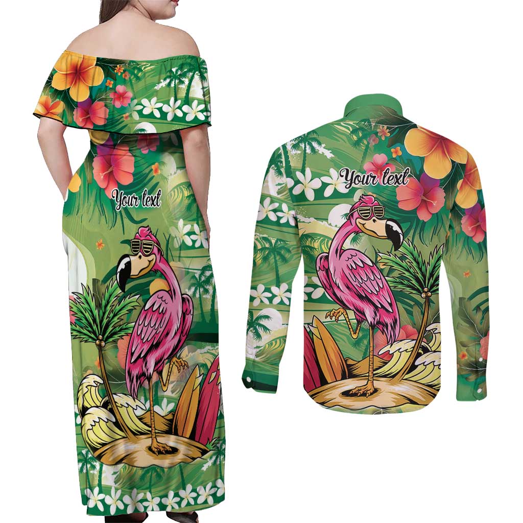 Hawaiian Flamingo Hibiscus Personalised Couples Matching Off Shoulder Maxi Dress and Long Sleeve Button Shirt Green Summer Tropical Flowers LT9 - Polynesian Pride
