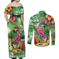 Hawaiian Flamingo Hibiscus Personalised Couples Matching Off Shoulder Maxi Dress and Long Sleeve Button Shirt Green Summer Tropical Flowers LT9 - Polynesian Pride