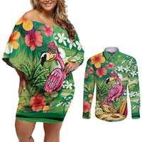 Hawaiian Flamingo Hibiscus Personalised Couples Matching Off Shoulder Short Dress and Long Sleeve Button Shirt Green Summer Tropical Flowers LT9 Green - Polynesian Pride