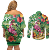 Hawaiian Flamingo Hibiscus Personalised Couples Matching Off Shoulder Short Dress and Long Sleeve Button Shirt Green Summer Tropical Flowers LT9 - Polynesian Pride