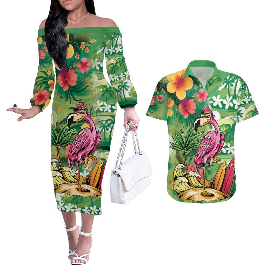 Hawaiian Flamingo Hibiscus Personalised Couples Matching Off The Shoulder Long Sleeve Dress and Hawaiian Shirt Green Summer Tropical Flowers LT9 Green - Polynesian Pride