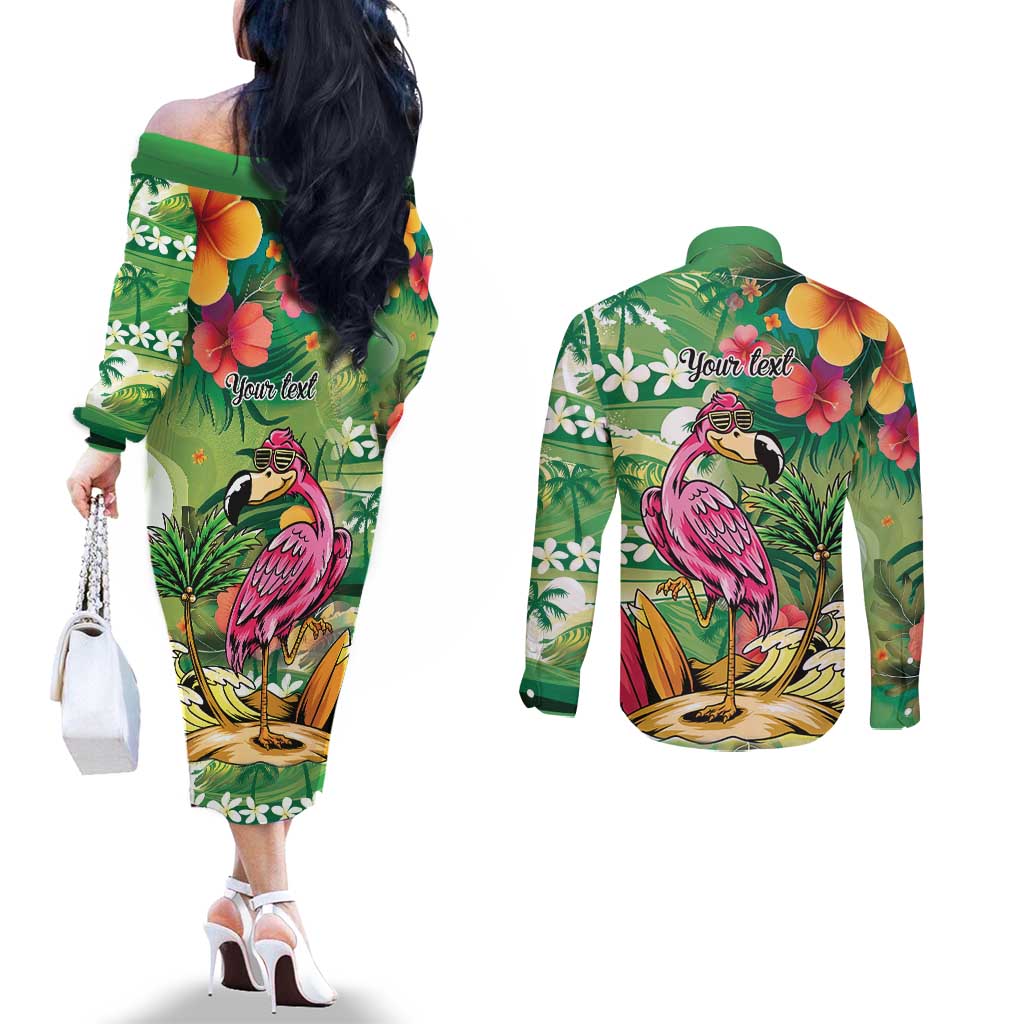 Hawaiian Flamingo Hibiscus Personalised Couples Matching Off The Shoulder Long Sleeve Dress and Long Sleeve Button Shirt Green Summer Tropical Flowers LT9 - Polynesian Pride