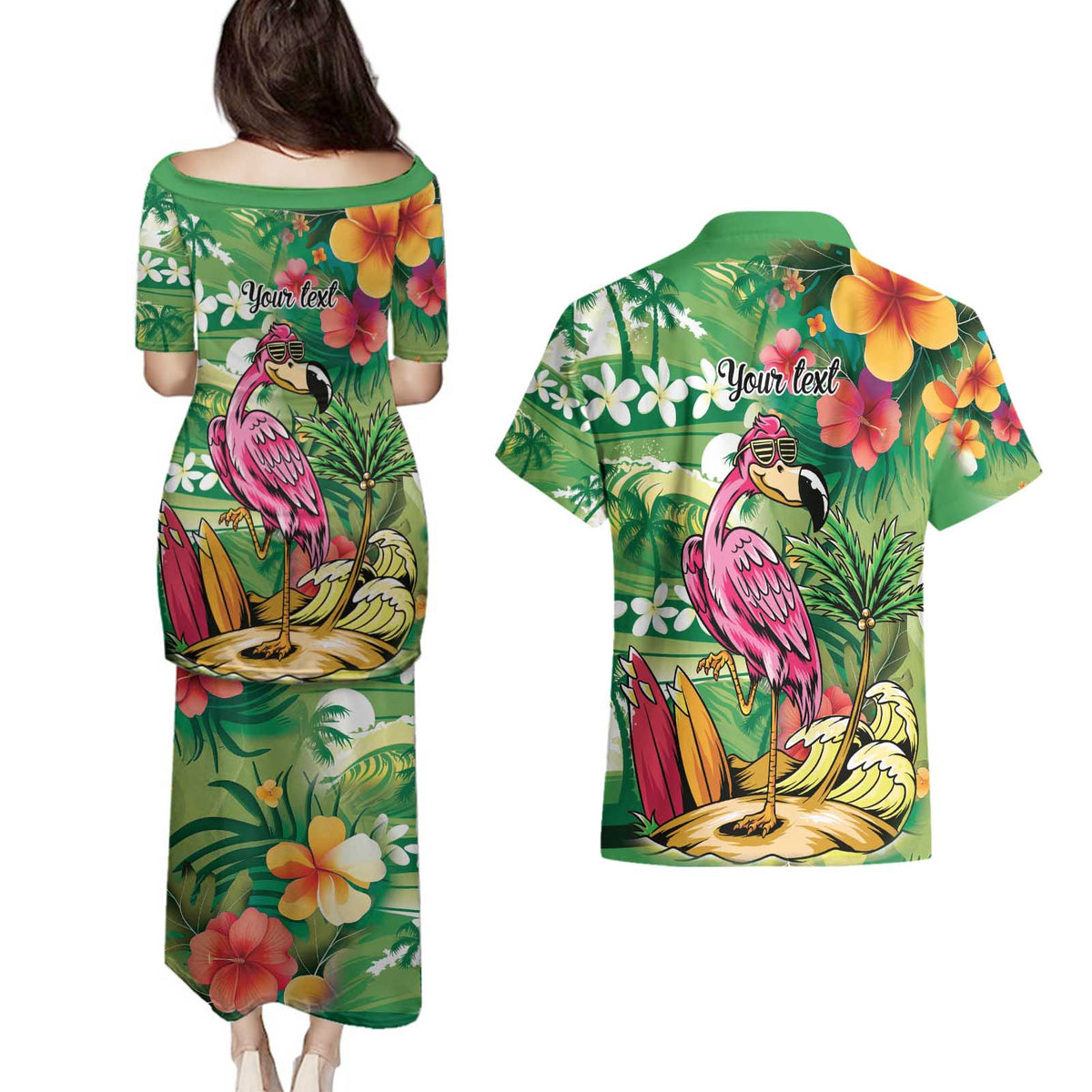 Hawaiian Flamingo Hibiscus Personalised Couples Matching Puletasi and Hawaiian Shirt Green Summer Tropical Flowers LT9 - Polynesian Pride