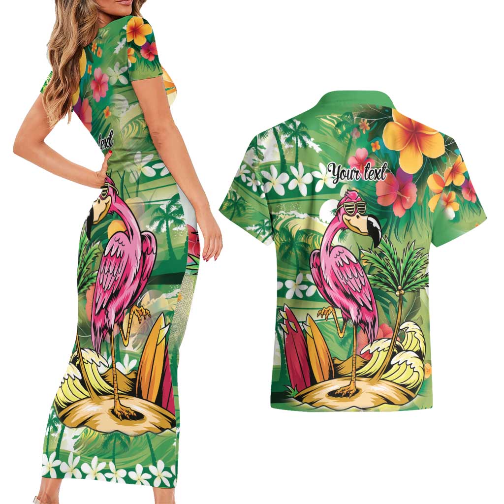 Hawaiian Flamingo Hibiscus Personalised Couples Matching Short Sleeve Bodycon Dress and Hawaiian Shirt Green Summer Tropical Flowers LT9 - Polynesian Pride