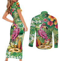 Hawaiian Flamingo Hibiscus Personalised Couples Matching Short Sleeve Bodycon Dress and Long Sleeve Button Shirt Green Summer Tropical Flowers LT9 - Polynesian Pride