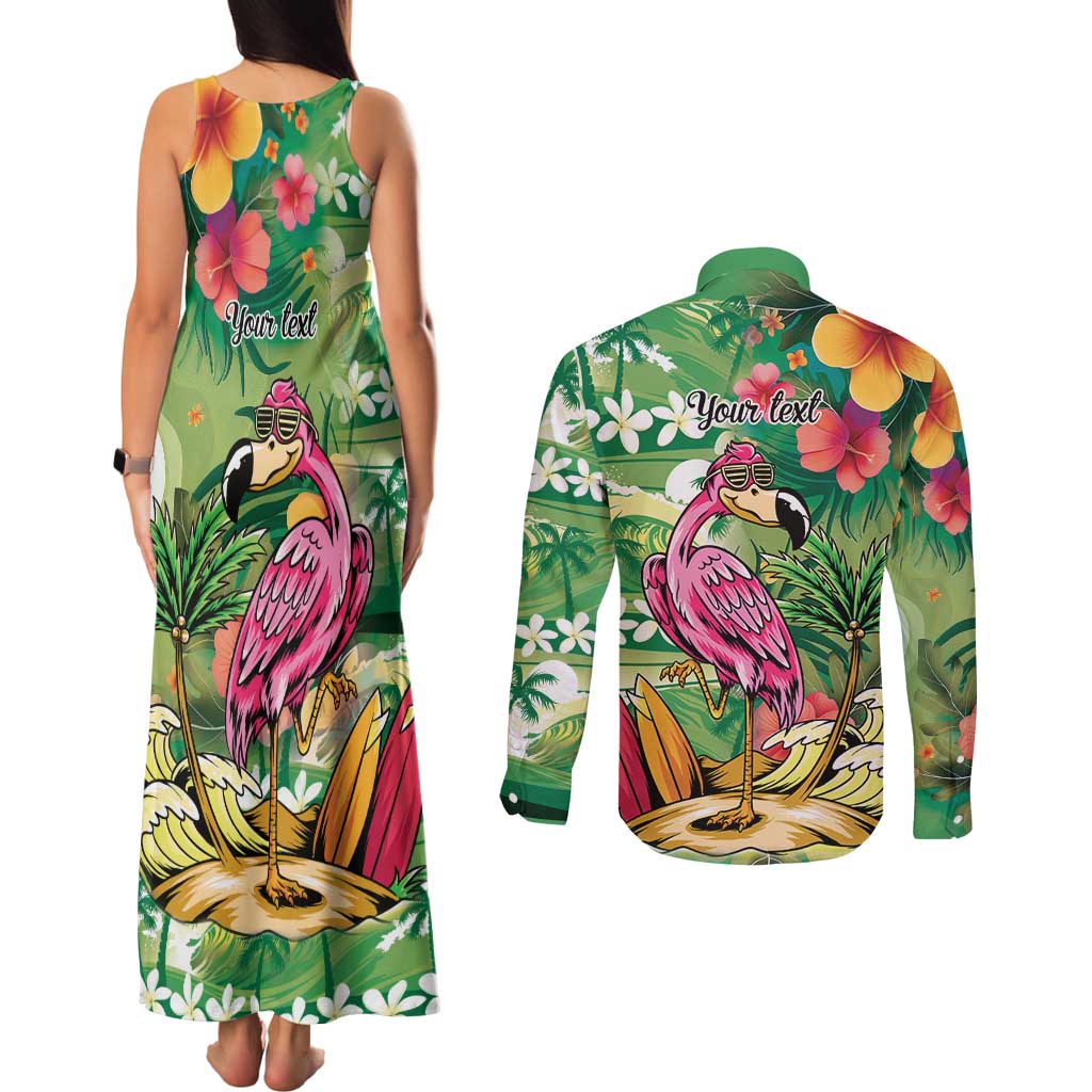 Hawaiian Flamingo Hibiscus Personalised Couples Matching Tank Maxi Dress and Long Sleeve Button Shirt Green Summer Tropical Flowers LT9 - Polynesian Pride