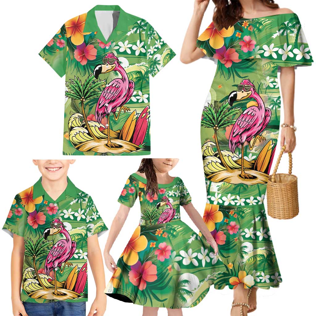Hawaiian Flamingo Hibiscus Personalised Family Matching Mermaid Dress and Hawaiian Shirt Green Summer Tropical Flowers LT9 - Polynesian Pride