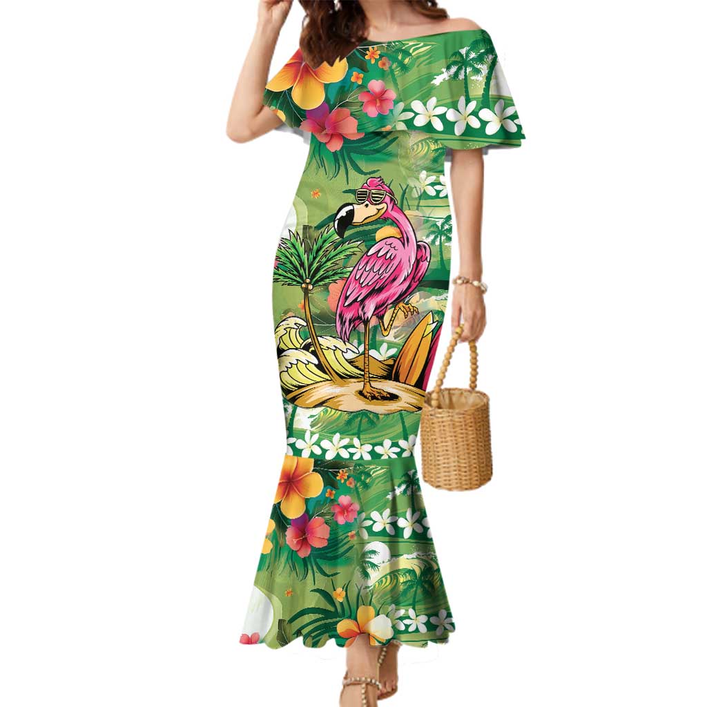 Hawaiian Flamingo Hibiscus Personalised Family Matching Mermaid Dress and Hawaiian Shirt Green Summer Tropical Flowers LT9 Mom's Dress Green - Polynesian Pride