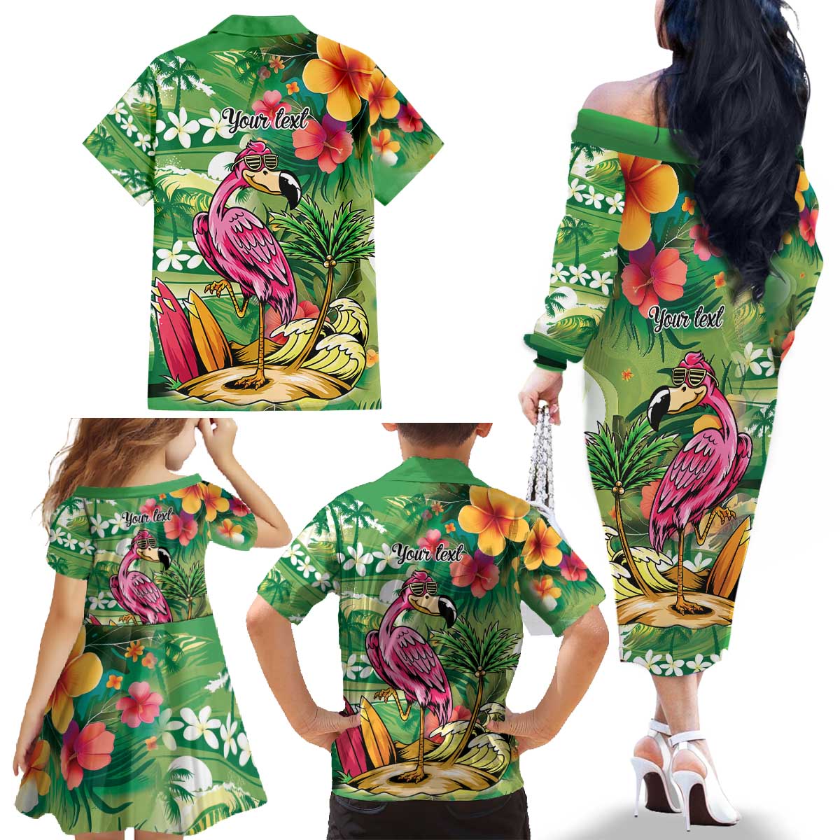 Hawaiian Flamingo Hibiscus Personalised Family Matching Off The Shoulder Long Sleeve Dress and Hawaiian Shirt Green Summer Tropical Flowers LT9 - Polynesian Pride